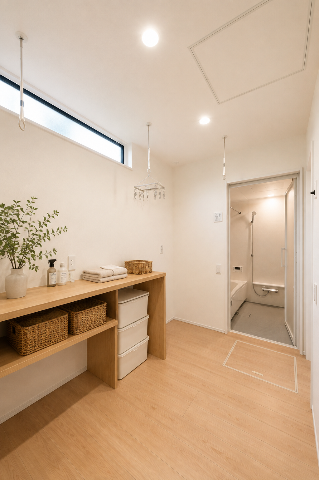 室内物干しと作業カウンターを備えた大崎平屋モデルハウスの洗面室